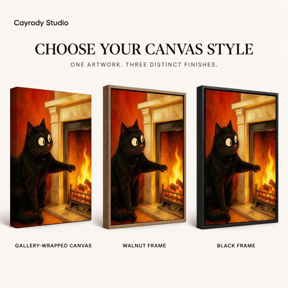 Fireplace cat canvas art compared across gallery-wrapped canvas, walnut frame, and black frame finishes.
