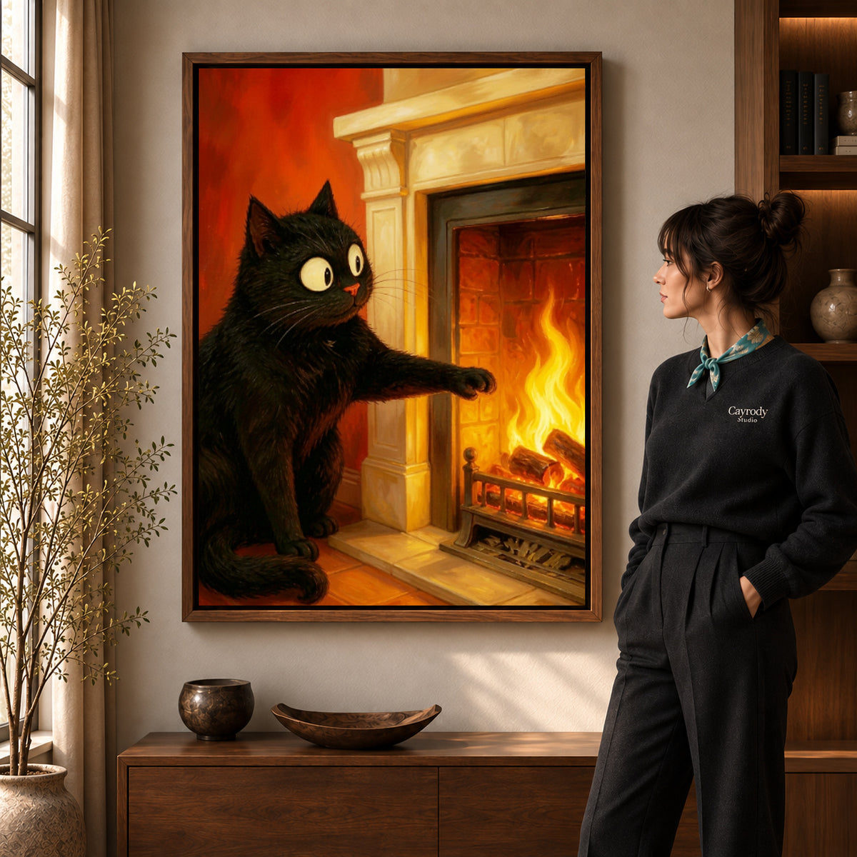 Fireplace cat canvas art shown in the walnut frame option within a warm living room.