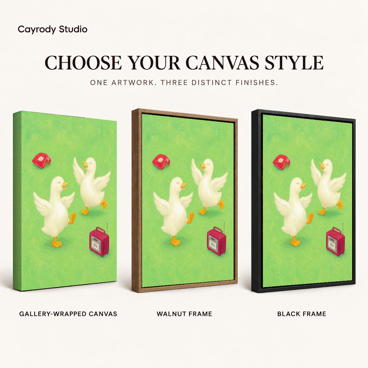 Dancing ducks canvas art compared across gallery-wrapped canvas, walnut frame, and black frame finishes.