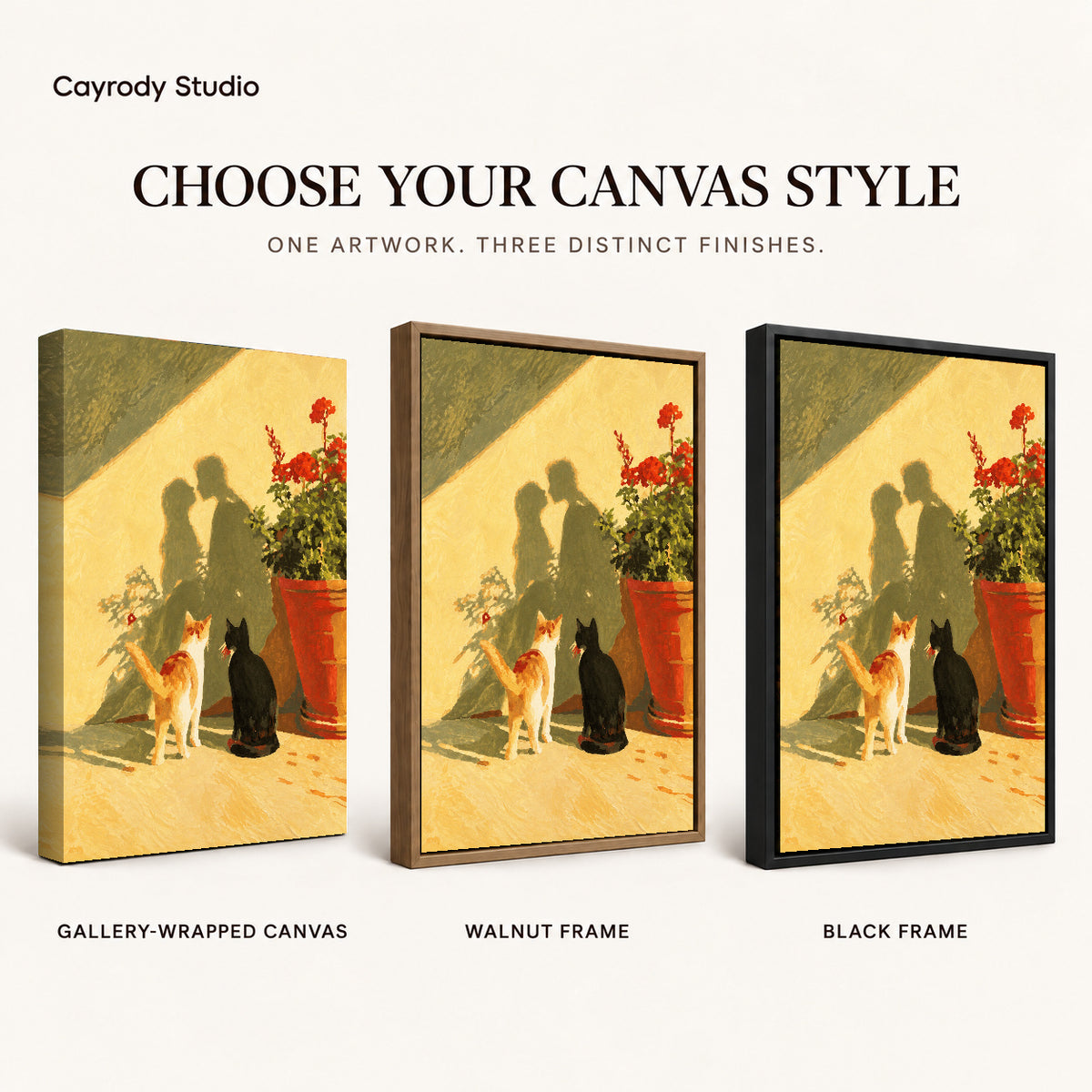Sunlit cats canvas art compared across gallery-wrapped canvas, walnut frame, and black frame finishes.