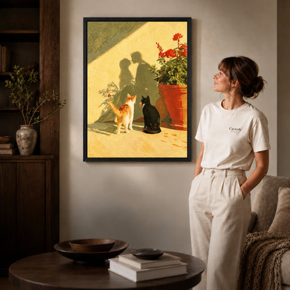 Sunlit cats canvas art shown in the black frame option against a softly lit wall.