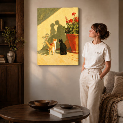 Sunlit cats canvas art shown in the gallery-wrapped option with visible depth and warm surroundings.