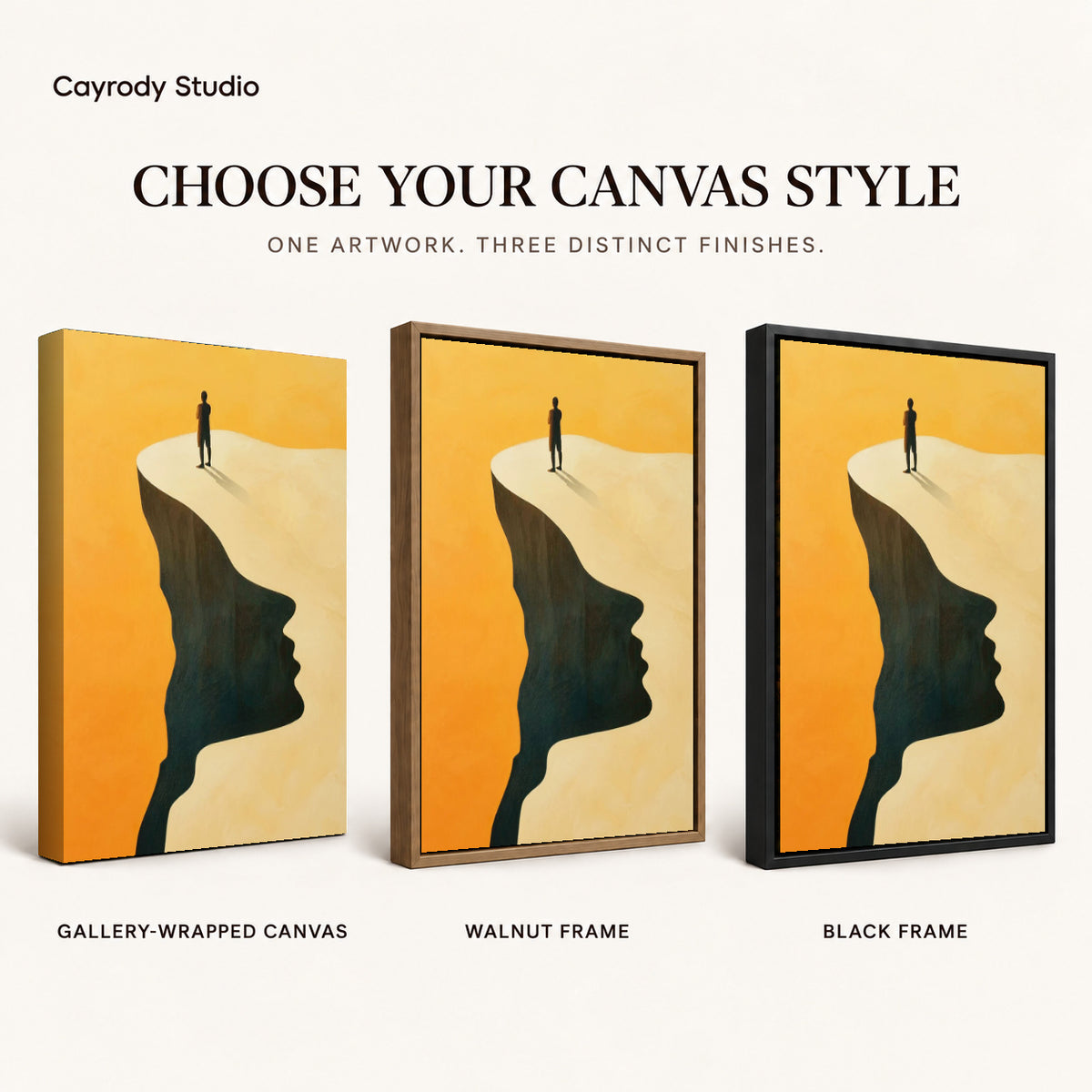 Surreal landscape canvas art compared across gallery-wrapped canvas, walnut frame, and black frame finishes.