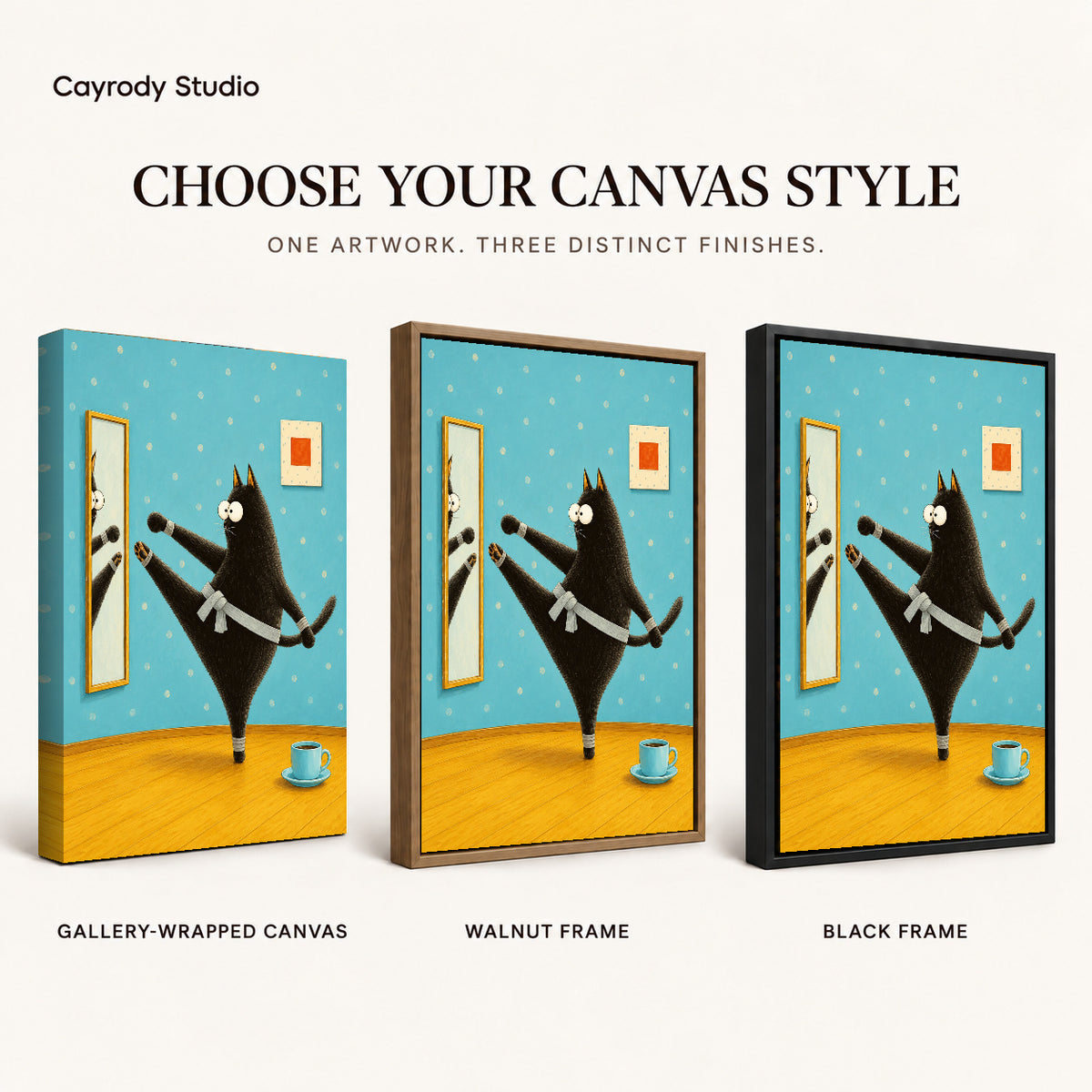 whimsical karate cat canvas art compared across gallery-wrapped canvas, walnut frame, and black frame finishes.
