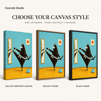 whimsical karate cat canvas art compared across gallery-wrapped canvas, walnut frame, and black frame finishes.