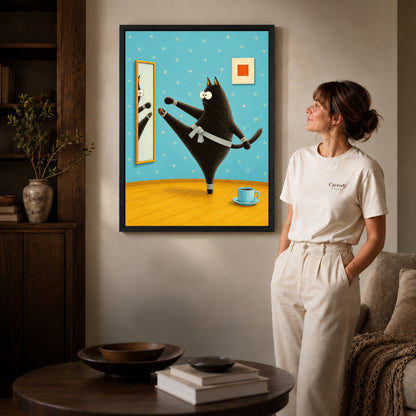 whimsical karate cat canvas art shown in the black frame option against a softly lit wall.
