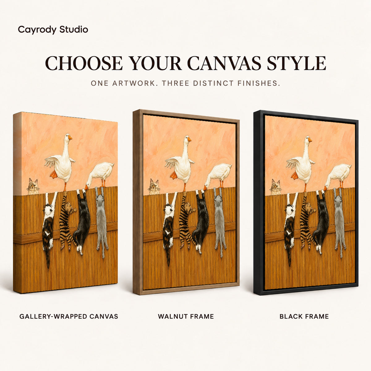 Geese and cats canvas art compared across gallery-wrapped canvas, walnut frame, and black frame finishes.