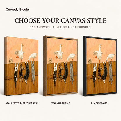 Geese and cats canvas art compared across gallery-wrapped canvas, walnut frame, and black frame finishes.