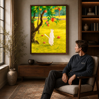 Orchard cat canvas art in a walnut frame above a console beside a seated man.