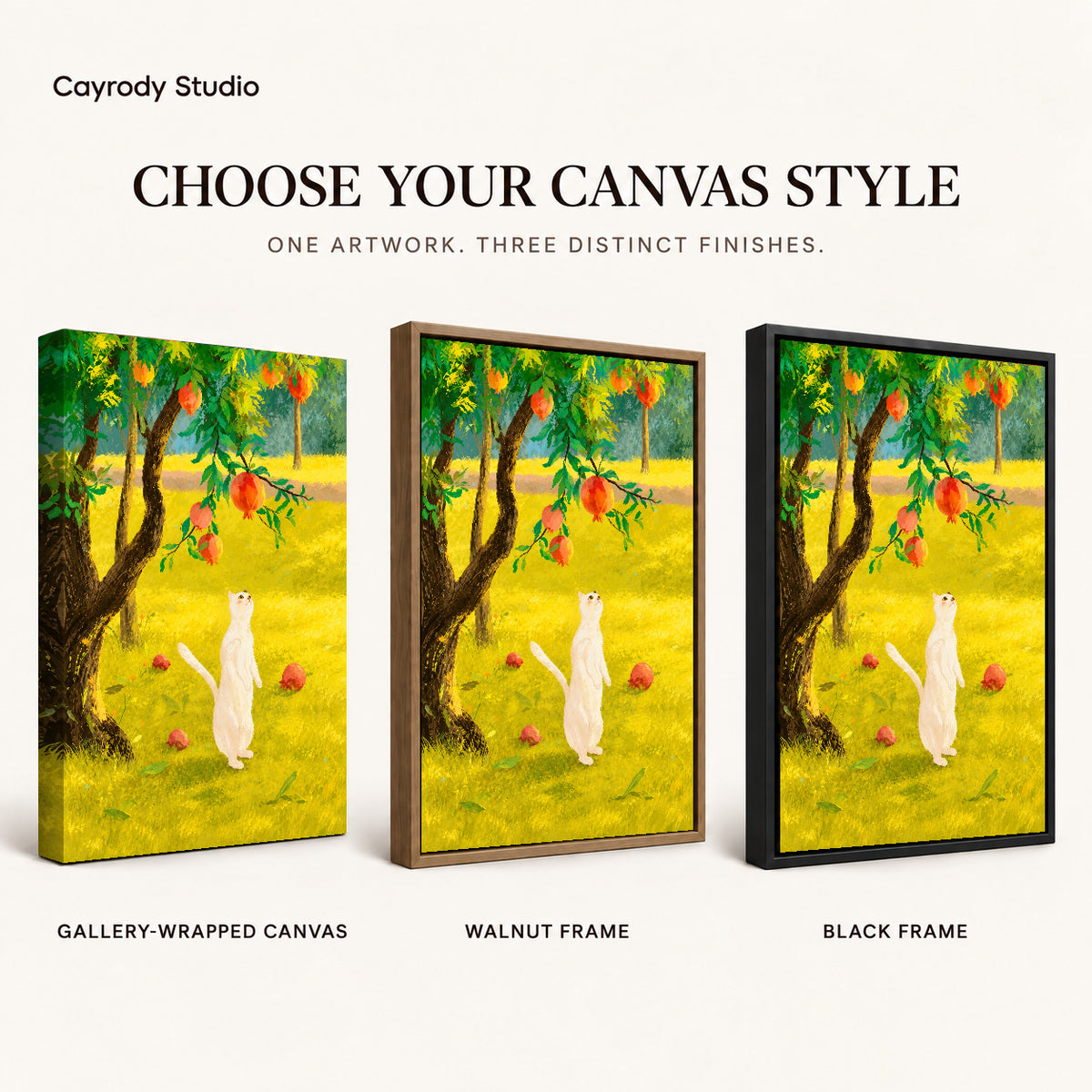 Orchard cat canvas art compared across gallery-wrapped canvas, walnut frame, and black frame finishes.