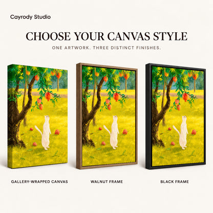 Orchard cat canvas art compared across gallery-wrapped canvas, walnut frame, and black frame finishes.