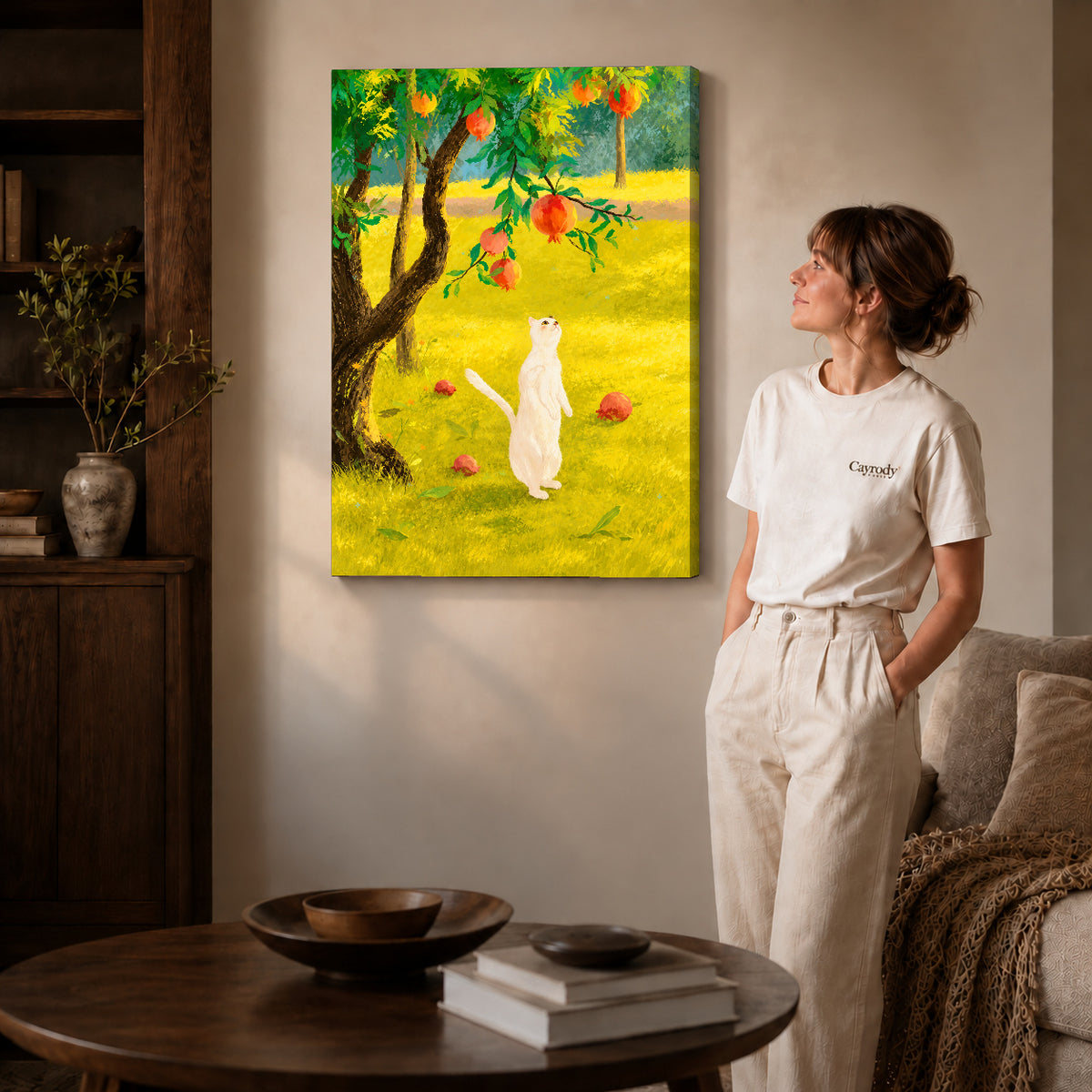 Orchard cat canvas art shown in the gallery-wrapped option with visible depth and warm surroundings.