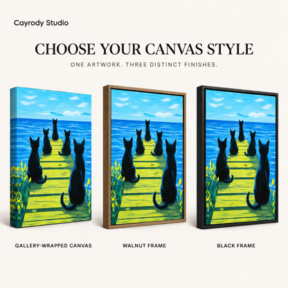 Cats ocean pier canvas art compared across gallery-wrapped canvas, walnut frame, and black frame finishes.