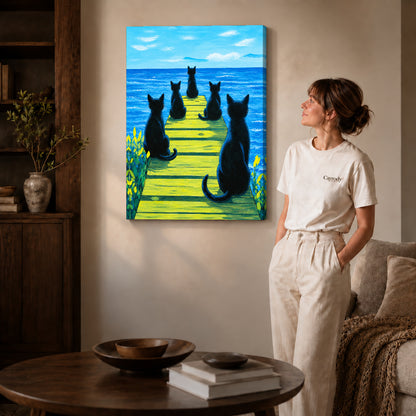 Cats ocean pier canvas art shown in the gallery-wrapped option with visible depth and warm surroundings.