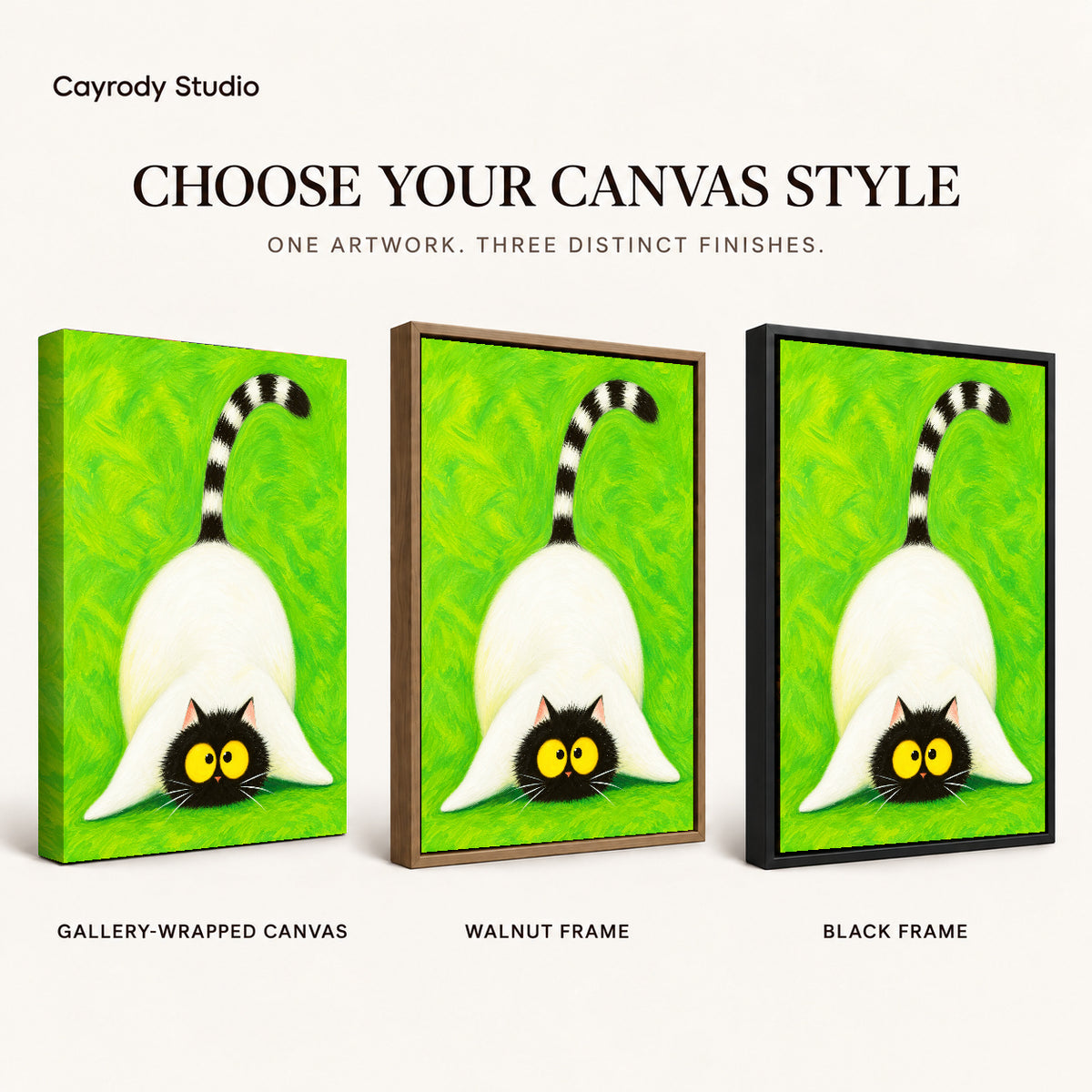 Playful cat canvas art compared across gallery-wrapped canvas, walnut frame, and black frame finishes.