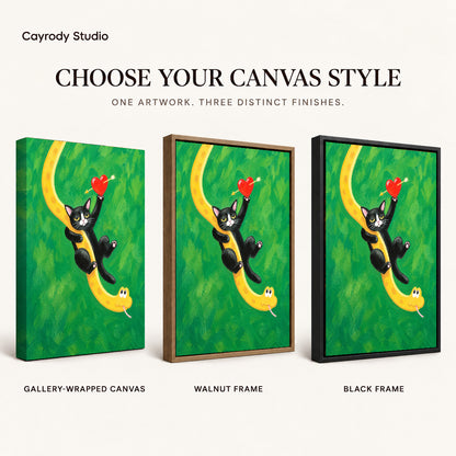 Cat and snake canvas art compared across gallery-wrapped canvas, walnut frame, and black frame finishes.