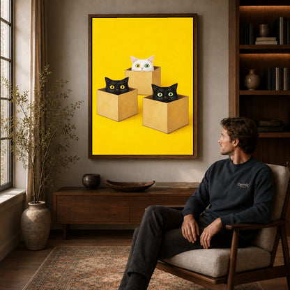 Cats in boxes canvas art in a walnut frame above a console beside a seated man.