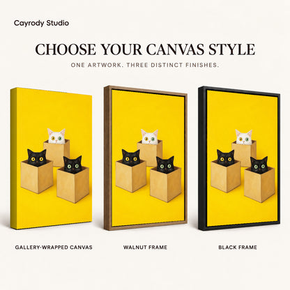 Cats in boxes canvas art compared across gallery-wrapped canvas, walnut frame, and black frame finishes.