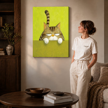 Grumpy tabby canvas art on gallery-wrapped canvas with natural edge shading beside a standing woman.