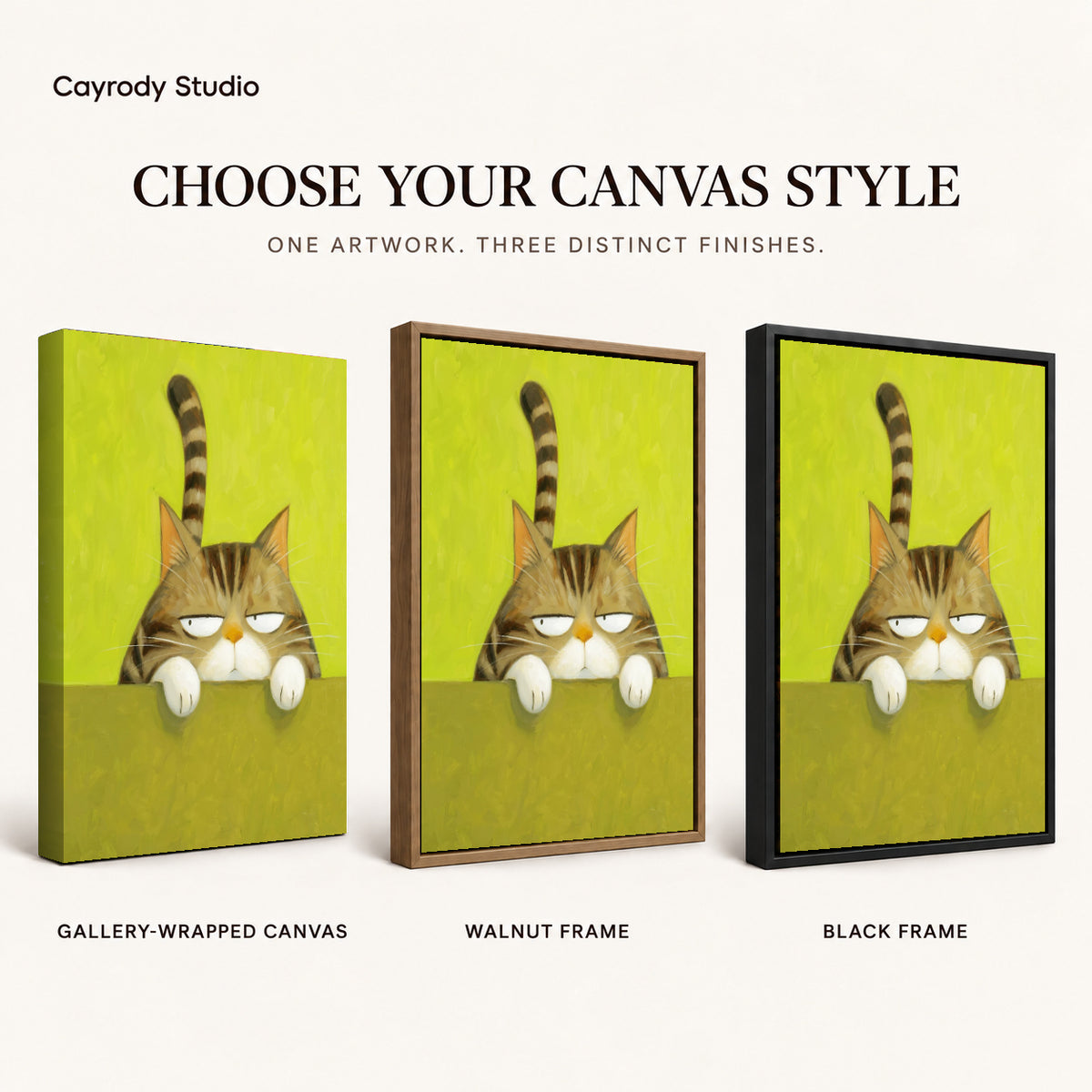 Grumpy tabby canvas art compared across gallery-wrapped canvas, walnut frame, and black frame finishes.