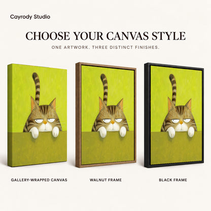 Grumpy tabby canvas art compared across gallery-wrapped canvas, walnut frame, and black frame finishes.