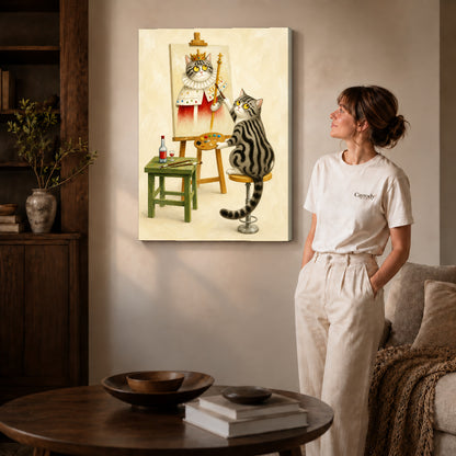 Cat artist canvas art on gallery-wrapped canvas with natural edge shading beside a standing woman.