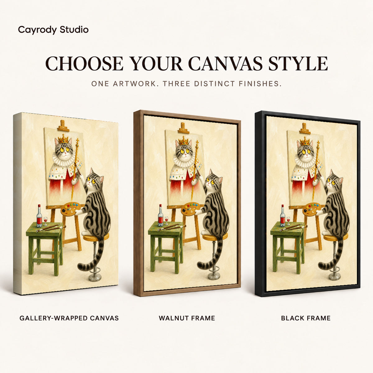 Cat artist canvas art compared across gallery-wrapped canvas, walnut frame, and black frame finishes.