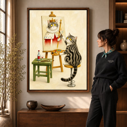 Cat artist canvas art shown in the walnut frame option within a warm living room.
