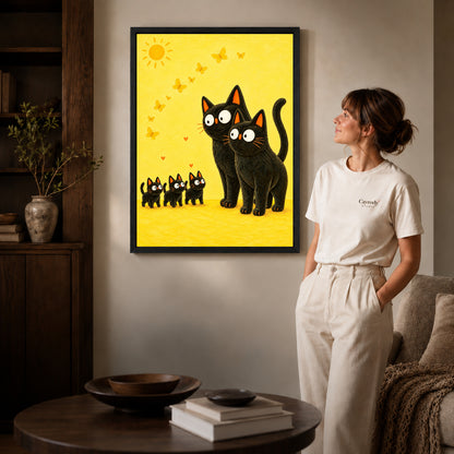 Black cat family canvas art in a black frame beside a woman and round wooden table.