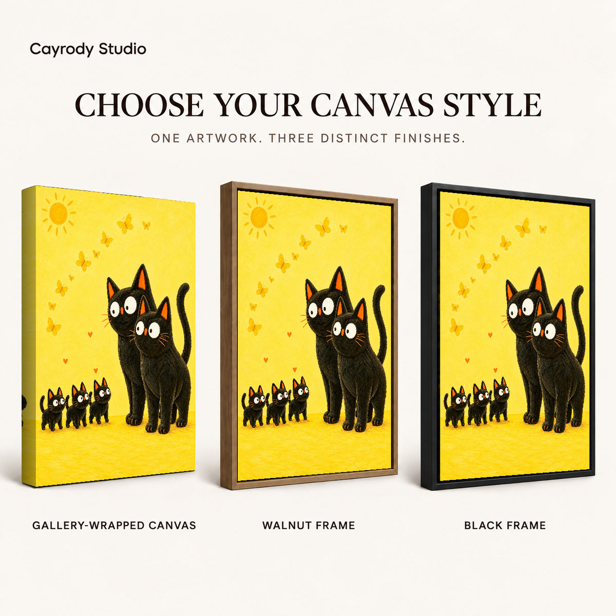 Black cat family canvas art compared across gallery-wrapped canvas, walnut frame, and black frame finishes.