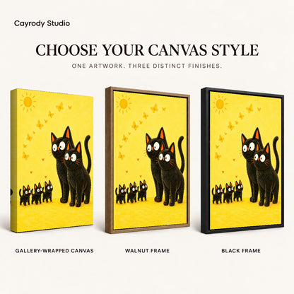 Black cat family canvas art compared across gallery-wrapped canvas, walnut frame, and black frame finishes.