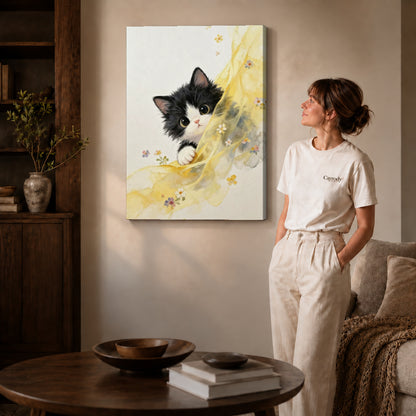 Curious kitten canvas art on gallery-wrapped canvas with natural edge shading beside a standing woman.