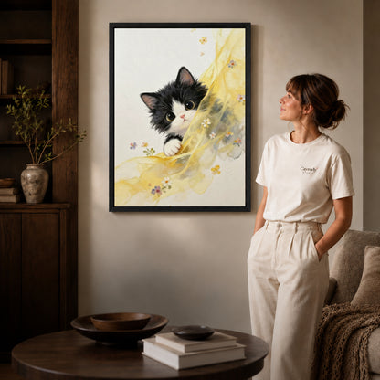 Curious kitten canvas art in a black frame beside a woman and round wooden table.