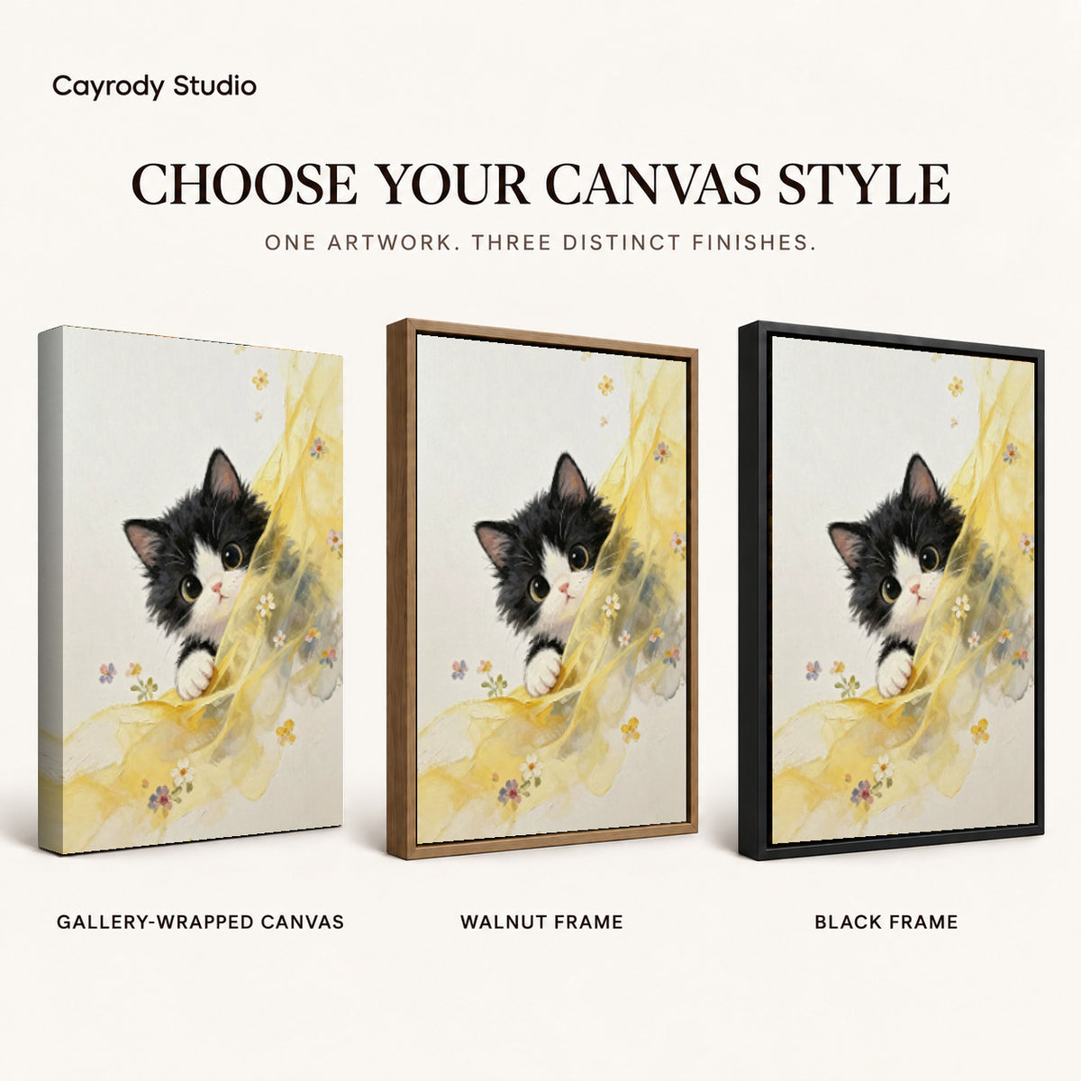 Curious kitten canvas art compared across gallery-wrapped canvas, walnut frame, and black frame finishes.