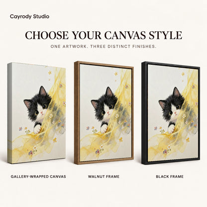 Curious kitten canvas art compared across gallery-wrapped canvas, walnut frame, and black frame finishes.