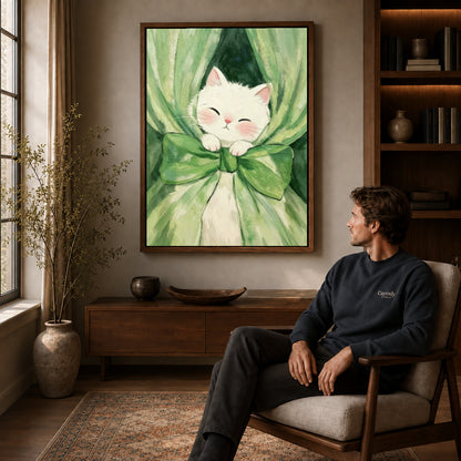 White cat canvas art in a walnut frame above a console beside a seated man.