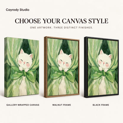 White cat canvas art compared across gallery-wrapped canvas, walnut frame, and black frame finishes.