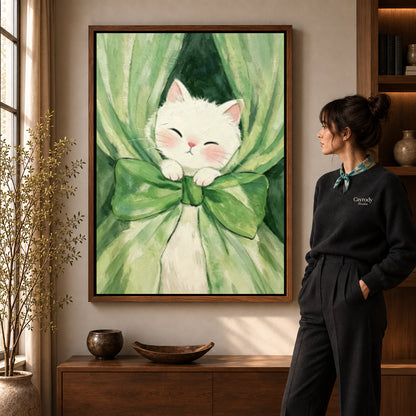 White cat canvas art shown in the walnut frame option within a warm living room.