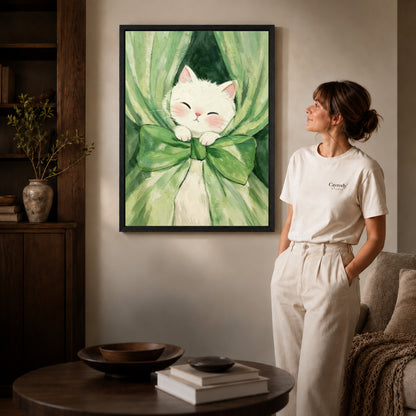 White cat canvas art shown in the black frame option against a softly lit wall.
