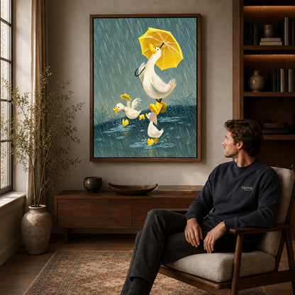 Rainy ducks canvas art in a walnut frame above a console beside a seated man.