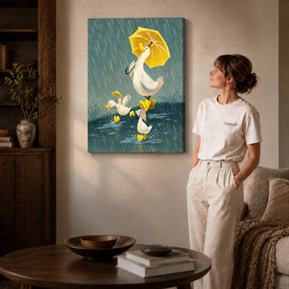 Rainy ducks canvas art on gallery-wrapped canvas with natural edge shading beside a standing woman.