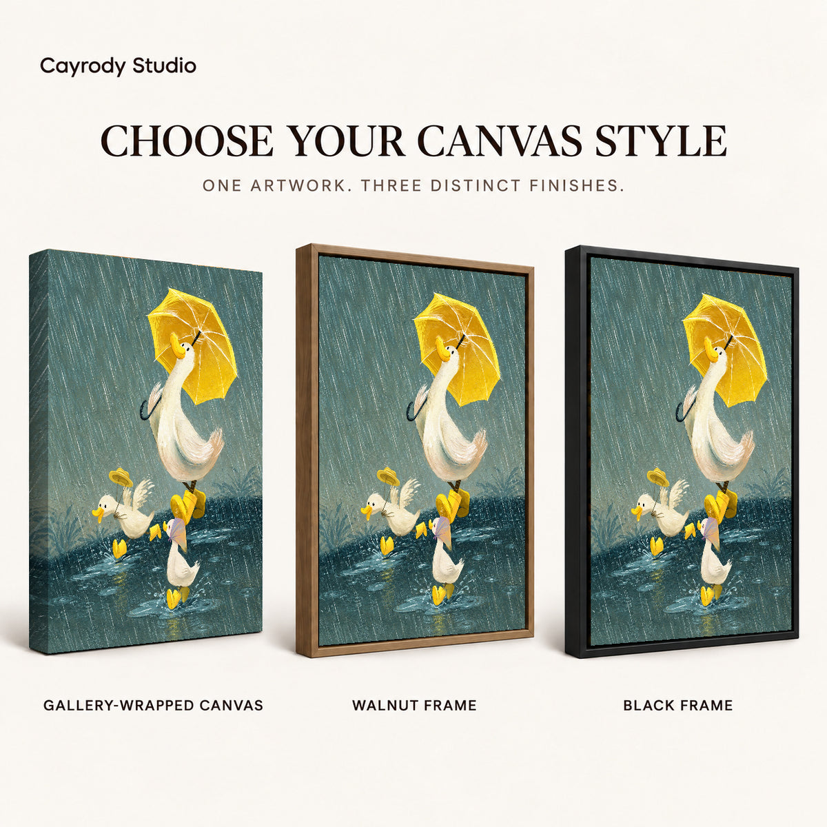Rainy ducks canvas art compared across gallery-wrapped canvas, walnut frame, and black frame finishes.