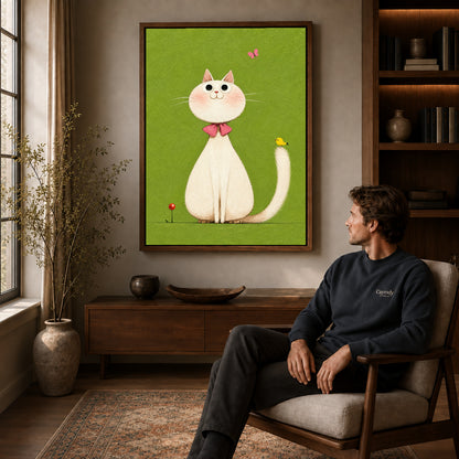 White cat canvas art in a walnut frame above a console beside a seated man.