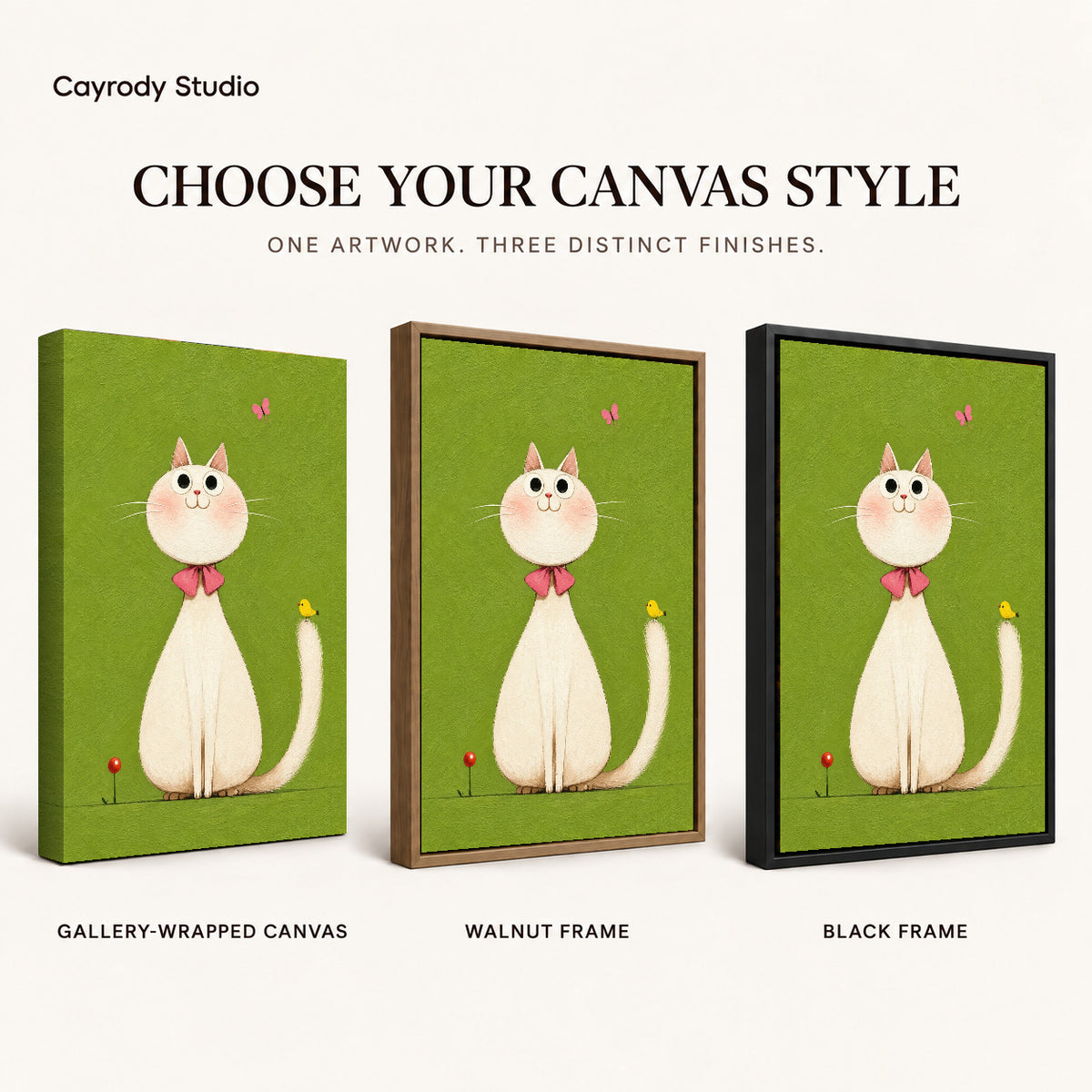 White cat canvas art compared across gallery-wrapped canvas, walnut frame, and black frame finishes.