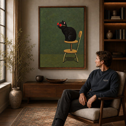 Sunglasses cat canvas art in a walnut frame above a console beside a seated man.