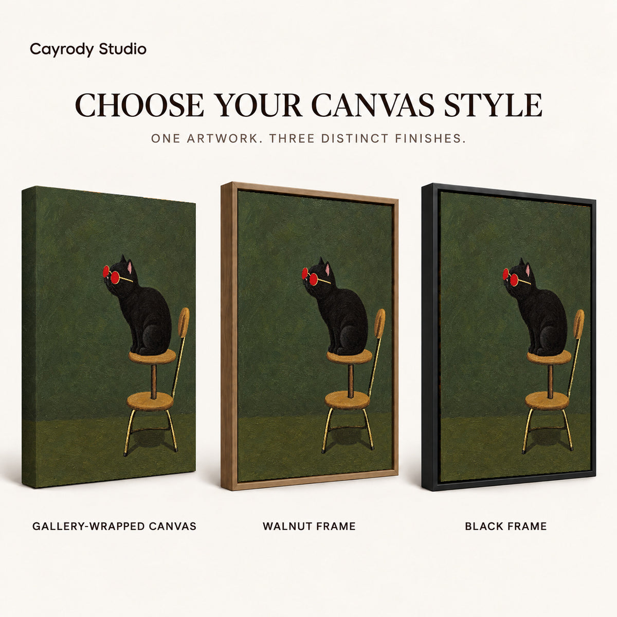 Sunglasses cat canvas art compared across gallery-wrapped canvas, walnut frame, and black frame finishes.