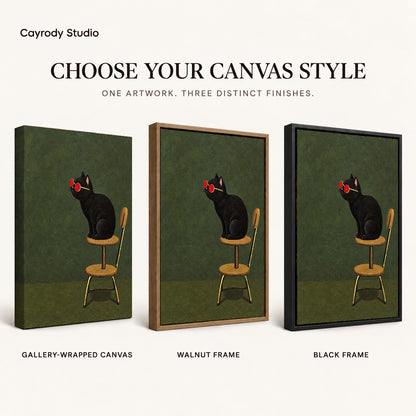 Sunglasses cat canvas art compared across gallery-wrapped canvas, walnut frame, and black frame finishes.