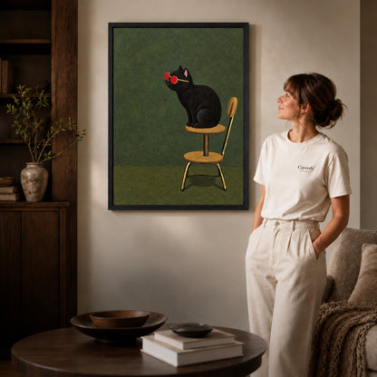 Sunglasses cat canvas art shown in the black frame option against a softly lit wall.