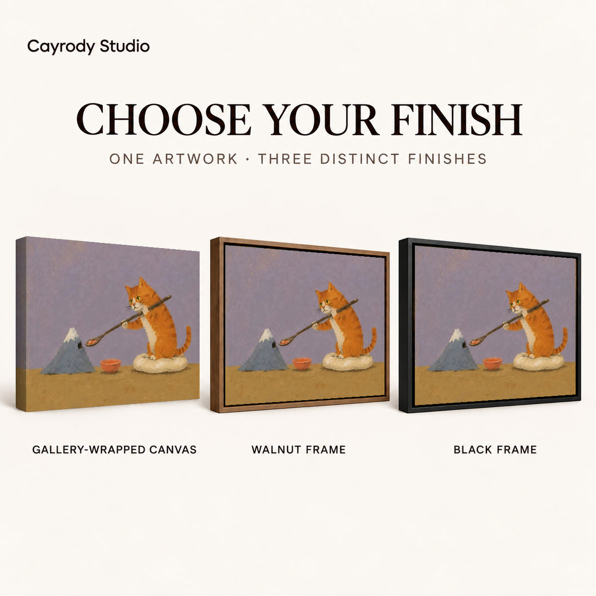 Painter cat canvas art compared across gallery-wrapped canvas, walnut frame, and black frame finishes.