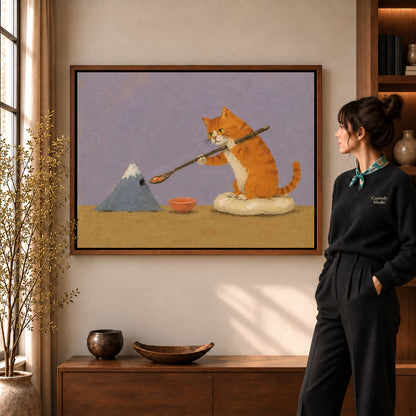 Painter cat canvas art shown in the walnut frame option within a warm living room.